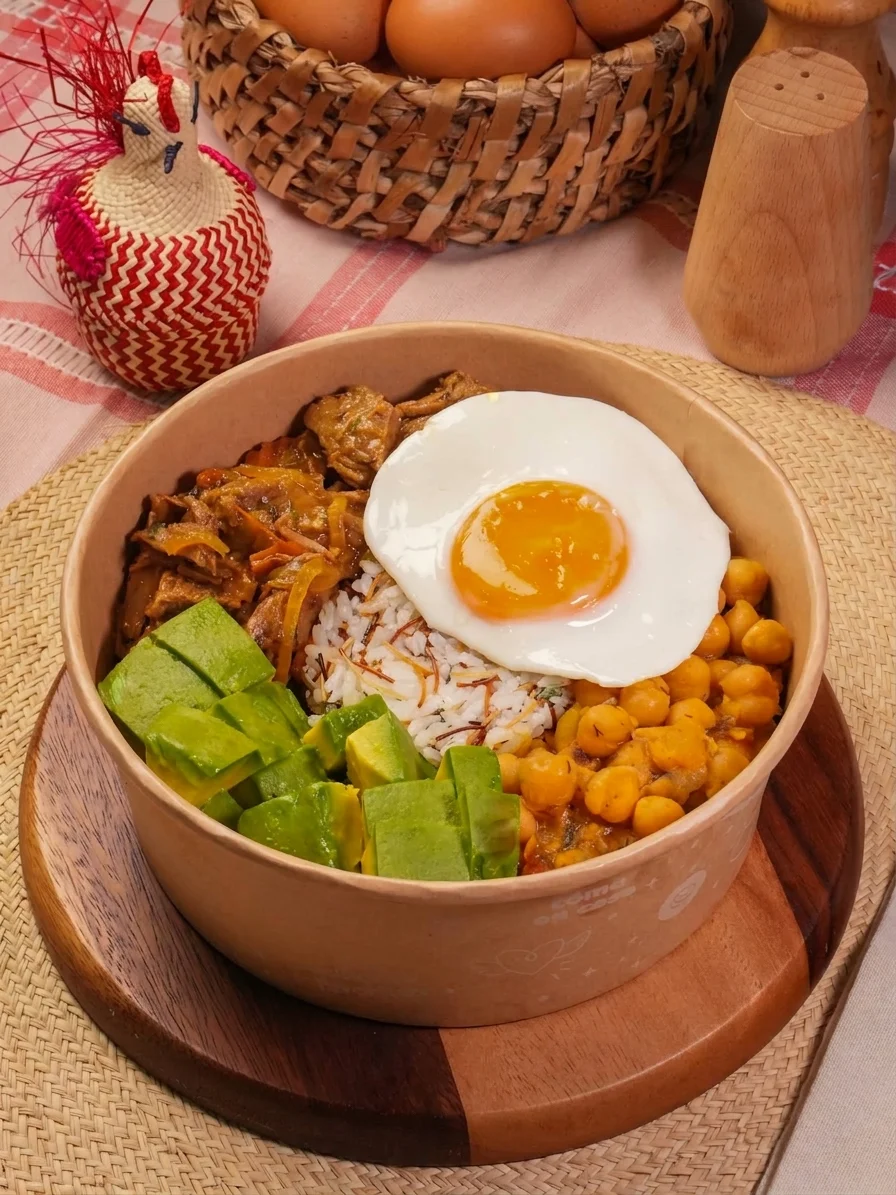 Tarro Madrid con bistec a caballo, huevo frito, garbanzos y aguacate
